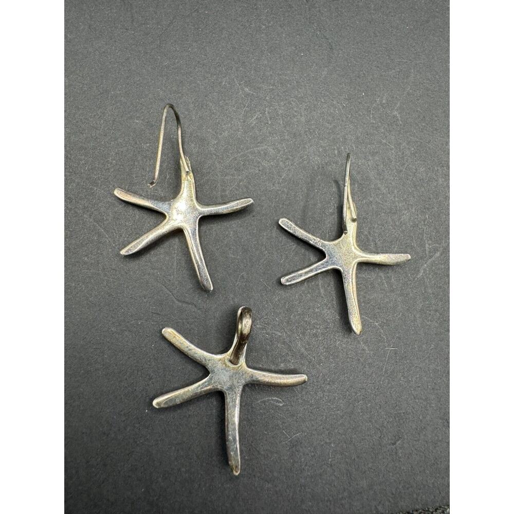 Vintage 925 Sterling Silver Starfish Pendant & Dangle Drop Earrings Jewelry Set - Picture 3 of 7